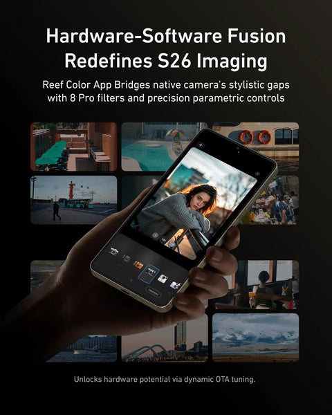 Phone Camera Master Grip Kit For Samsung Galaxy S26 Ultra With Case And 10X Flash in use with software enhancements on screen.