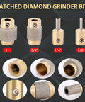 Front and side views of Buenoarte diamond grinder bit set (4) with brass cores; sizes 1 in, 3/4 in, 1/4 in, 1/8 in for stained-glass work.