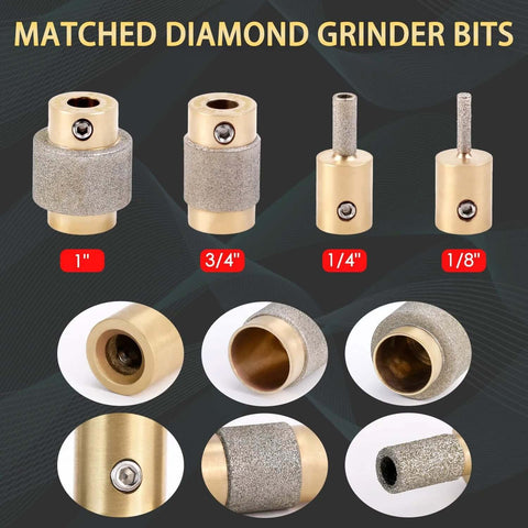 Front and side views of Buenoarte diamond grinder bit set (4) with brass cores; sizes 1 in, 3/4 in, 1/4 in, 1/8 in for stained-glass work.