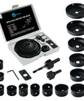 GMTOOLS 19-piece hole saw set in gray case with 3/4"-5" blades, mandrels and hex key for woodworking.