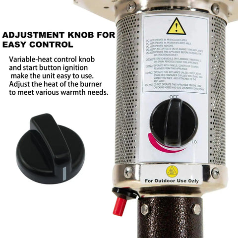 Five Piece Universal Gas Appliance Knob Set With D Shaped Stem Ignition Lighter on patio heater, easy turn dial visible.