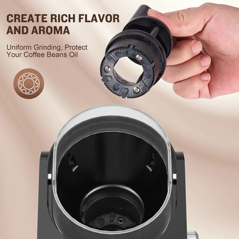 Ayhiro Stainless Steel Flat Burr Coffee Grinder With 14 Precision Settings For Espresso French Press And Drip Coffee Makes 2-12 Cups Electric Bean Mill Kitchen Essential, highlighting the burr mechanism.