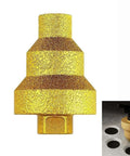 Front view of TNDCKP diamond core drill bit, cone-shaped stepped 20-35-50mm, gold-coated for tile and stone drilling