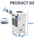 Built Tough Portable Air Conditioner With Bulky 14L Tank And Easy Roll Caster Wheels For Heavy Duty Spot Cooling In Warehouses Workshops And Clinics 110V 1800W Mobile Cooler Rig dimensions including exhaust ports