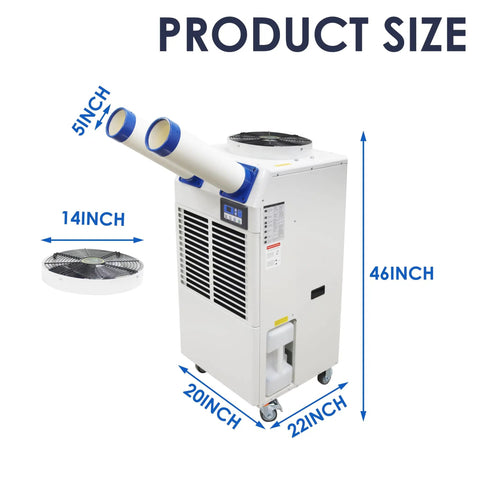 Built Tough Portable Air Conditioner With Bulky 14L Tank And Easy Roll Caster Wheels For Heavy Duty Spot Cooling In Warehouses Workshops And Clinics 110V 1800W Mobile Cooler Rig dimensions including exhaust ports