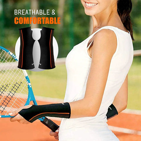 Forearm And Wrist Brace For Carpal Tunnel Relief And Workout Recovery, MoistureWicking Adjustable Wrist Wraps in use during tennis