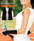 Woman playing tennis wearing Wrist And Forearm Compression Sleeve For Carpal Tunnel And Joint Pain Relief Two Pack Small Adjustable