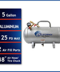 Lightweight Portable Aluminum Air Tank 5 Gallon Rust Free And Easy To Lug 125 PSI Maximum Includes One Quarter Inch Quick Connector Hose And Tire Chuck For Fast Tire Inflation