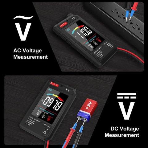 Ultra Thin Rechargeable Digital Multimeter With 3.2 Inch Color LCD Auto Ranging 600V AC DC Tester, displaying voltage readings