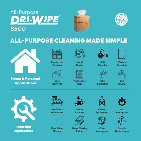 Promotional image for Dri-Wipe S500 All-Purpose Disposable Wipes, highlighting home and industrial cleaning applications.