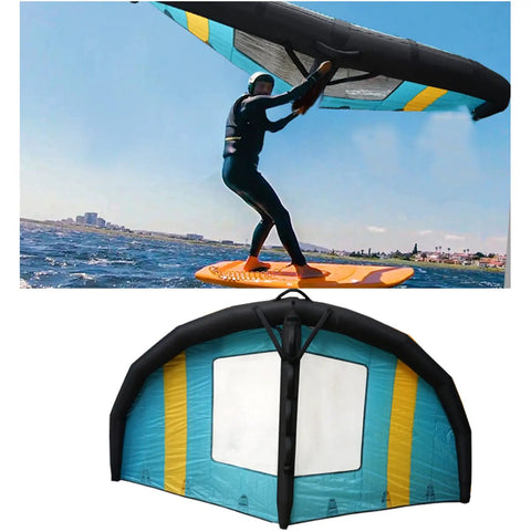 Person using Inflatable Windsurfing Wing Foil For Water Sports With Window View, Ideal For Windsurfing, 32 size wing, in action