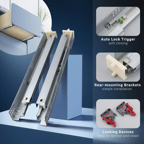 Beefy Heavy Duty 18 Inch Undermount Drawer Slides With Soft Close Full Extension Bottom Mount Cabinet Rails Zinc Plated 85 Lb Capacity Includes Mounting Hardware For Multi Drawer Replacement installed on cabinet drawer
