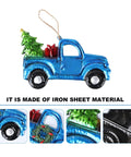 Festive Pickup Truck Ornament With Christmas Tree Decor Iron And Glass Hanging Keepsake showcasing blue truck with holiday elements.