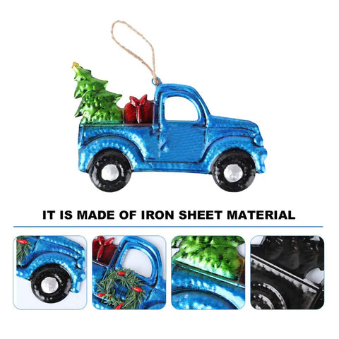 Festive Pickup Truck Ornament With Christmas Tree Decor Iron And Glass Hanging Keepsake showcasing blue truck with holiday elements.