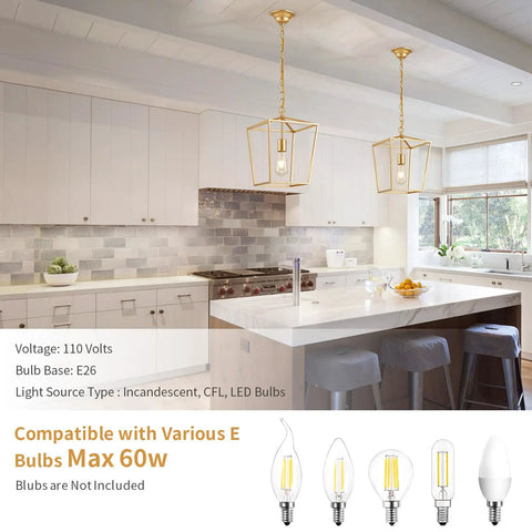 Industrial Gold Lantern Pendant Light With Iron Cage E26 Chandelier installed above a modern kitchen island, gold geometric frame