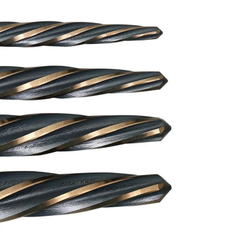 Close-up of Pro Grade High Speed Steel Spiral Flute Car Reamer Set With Gold Oxide, showing four reamers with spiral design