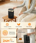 ETL Certified 1500W PTC Space Heater on table with features, including 24H Timer and Memory Function displayed