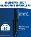 Effortless Yard Irrigation Kit With All In One Automatic Watering System For Lawn And Garden No Fuss Install Blu Lock Tubing Durable Sprinkler Setup showing gear-drive sprinkler with 4-inch height for tall grass.