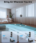 Portable Oscillating Travel Fan With 10400mAh Battery in a living room, features adjustable rod and oscillation, Black 8 Inch