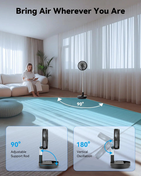 Portable Oscillating Travel Fan With 10400mAh Battery in a living room, features adjustable rod and oscillation, Black 8 Inch