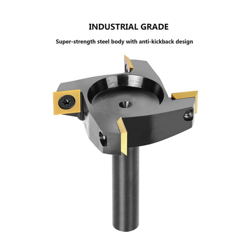 Front view of CNC Spoilboard Surfacing Router Bit With Half Inch Shank And Two And A Half Inch Cutting Diameter Four Wings Coated Carbide Inserts
