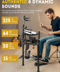 Person playing Electric Drum Set With USB MIDI Dual Power Modes Dual Zone Triggering 64 Polyphony 225 Authentic Sounds Metronome Recording 30 Demo Songs Smart Coaching Easy Jam Ready Home Studio Kit For Adults.