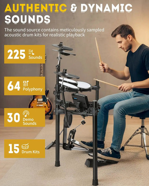 Person playing Electric Drum Set With USB MIDI Dual Power Modes Dual Zone Triggering 64 Polyphony 225 Authentic Sounds Metronome Recording 30 Demo Songs Smart Coaching Easy Jam Ready Home Studio Kit For Adults.