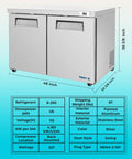 Heavy Duty 48 Inch Commercial Undercounter Freezer With Solid Stainless Exterior And Bright Led Lighting For Serious Kitchen Prep Work Etl Rated 11 Point 1 Cubic Foot Storage Built Tough For Daily Grind Like A Pro with two swing doors and dimensions.