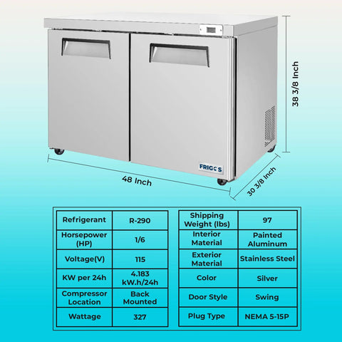 Heavy Duty 48 Inch Commercial Undercounter Freezer With Solid Stainless Exterior And Bright Led Lighting For Serious Kitchen Prep Work Etl Rated 11 Point 1 Cubic Foot Storage Built Tough For Daily Grind Like A Pro with two swing doors and dimensions.
