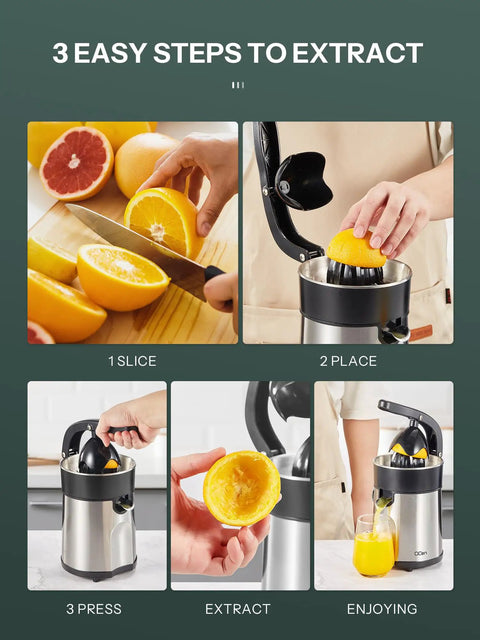 Steps to use Electric Citrus Juicer With Brushed Stainless Steel Finish for fresh juice extraction.