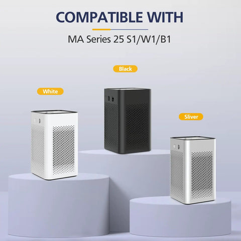 Image showing black, white, and silver air purifiers compatible with 2 Pack Replacement Air Purifier Filter For S1 W1 B1 Models.