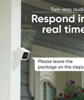 Color Night Vision Wired 1080p Indoor And Outdoor Security Camera With 2 Way Audio For Home Use Works With Alexa Google Assistant IFTTT, mounted on porch with speech bubble.