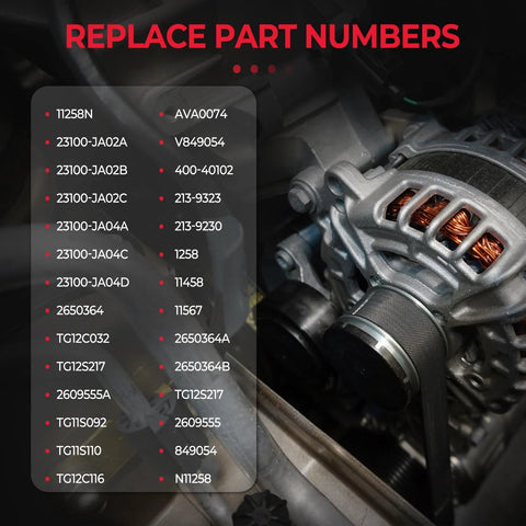 Close-up of 2.5L Alternator Replacement For Nissan Altima 2007 To 2012, Sentra 2007 To 2012, Rogue with part numbers listed.