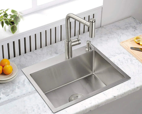 20 Inch Drop In Kitchen Sink With Basket Strainer, 18 Gauge T304 Stainless Steel Handmade Top Mount Single Bowl, Brushed Finish