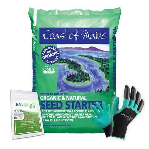 Sprout Island Seed Starting Mix 16 Qt With My Garden Pool 7-In-1 Soil Test Strips and claw gardening gloves for germination