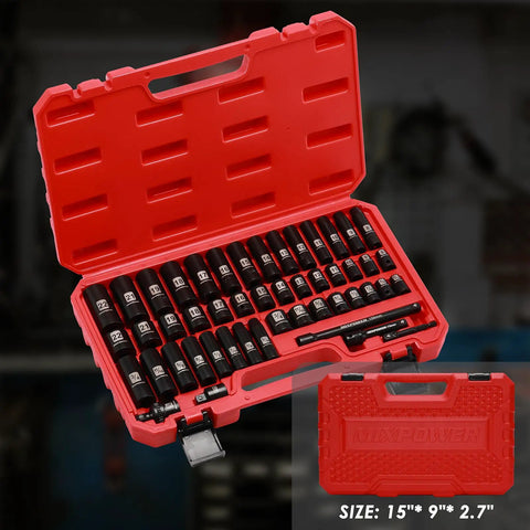 3/8 Inch Drive Deep Impact Socket Set 6-Point 49 Piece SAE And Metric Sizes in red case visible, Cr-V steel