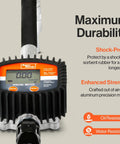 Front view of Digital Oil Control Valve Flow Meter Dispenser Nozzle, showing shock-proof design and oil, water resistance features.