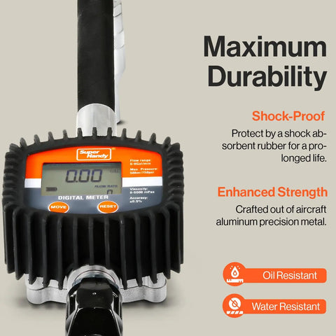 Front view of Digital Oil Control Valve Flow Meter Dispenser Nozzle, showing shock-proof design and oil, water resistance features.