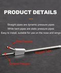 Pro-Grade Airspeed Sensor Kit For RC Drones With Digital Pitot Tube, stainless steel structure, annotated pipes dimensions.