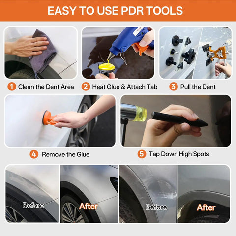 Dual Grade Dent Repair Kit for Cars With Adjustable Dent Lifter and Heavy Duty Bridge Puller for Paintless Dent Removal Tools Ideal for Auto Body DIY Car Care and Mobile Repairs Pro Grade PDR Kit, before-after use steps