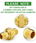 Brass Union Fitting 3/8 Inch NPT Male To 3/8 Inch NPT Male 2 Pack, Built To Last Plumbing Adapter, with NPT thread size information.