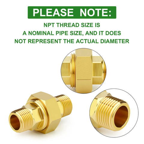 Brass Union Fitting 3/8 Inch NPT Male To 3/8 Inch NPT Male 2 Pack, Built To Last Plumbing Adapter, with NPT thread size information.