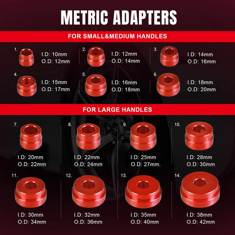 Pro Grade Bearing Race And Seal Driver Kit 33Pc With SAE And Metric Adapters, showing metric adapter sizes for wheel bearing installation.