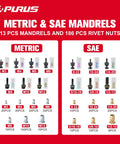 Heavy Duty Rivet Nut Gun Kit With 14 Inch Jaw And 214 Piece Professional Rivnut Tool Set Including 11 Metric SAE Mandrels Plus 200 Rivnuts, metric and SAE mandrels