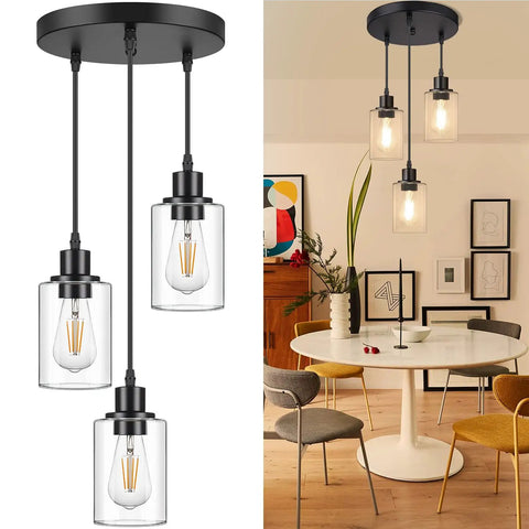 Industrial Three Light Pendant Light With Adjustable Height Up To 34 Inches, Black Finish And Clear Glass Shade, kitchen view