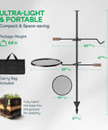 Swivel Campfire Grill Heavy Duty Fire Pit Grate 360 Degree Adjustable Steel Cooking Rack for Open Fire with carry bag shown