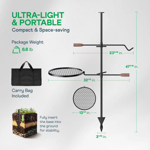 Swivel Campfire Grill Heavy Duty Fire Pit Grate 360 Degree Adjustable Steel Cooking Rack for Open Fire with carry bag shown