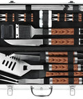 Heavy Duty BBQ Grill Tools Set With Non Slip Stainless Steel Utensils 22 Pieces in aluminum case, including spatula and tongs.