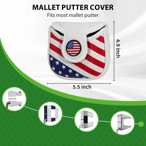 Magnetic Closure Putter Headcover For Mallet Putters With Heel Shaft Square Style USA Stars And Stripes Flag Design Durable