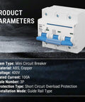 3 Pole DIN Rail Mount Circuit Breaker 100A 400V with Automatic Shutdown, rapid arc extinction, suitable for home and marine systems